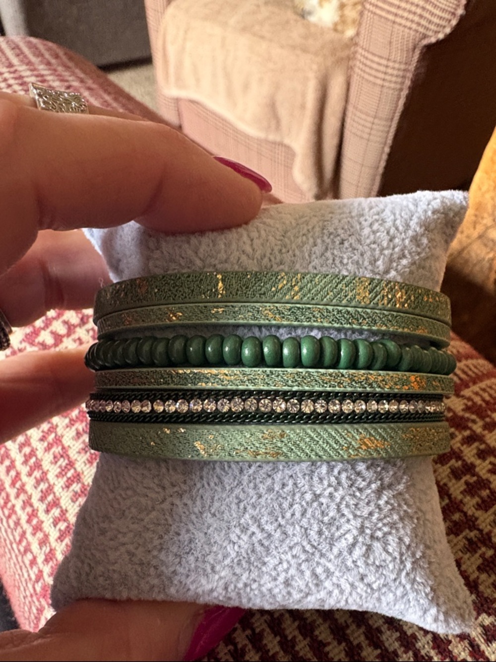Green Multi-Layer Beaded & Rhinestone Wrap Bracelet - Unbranded